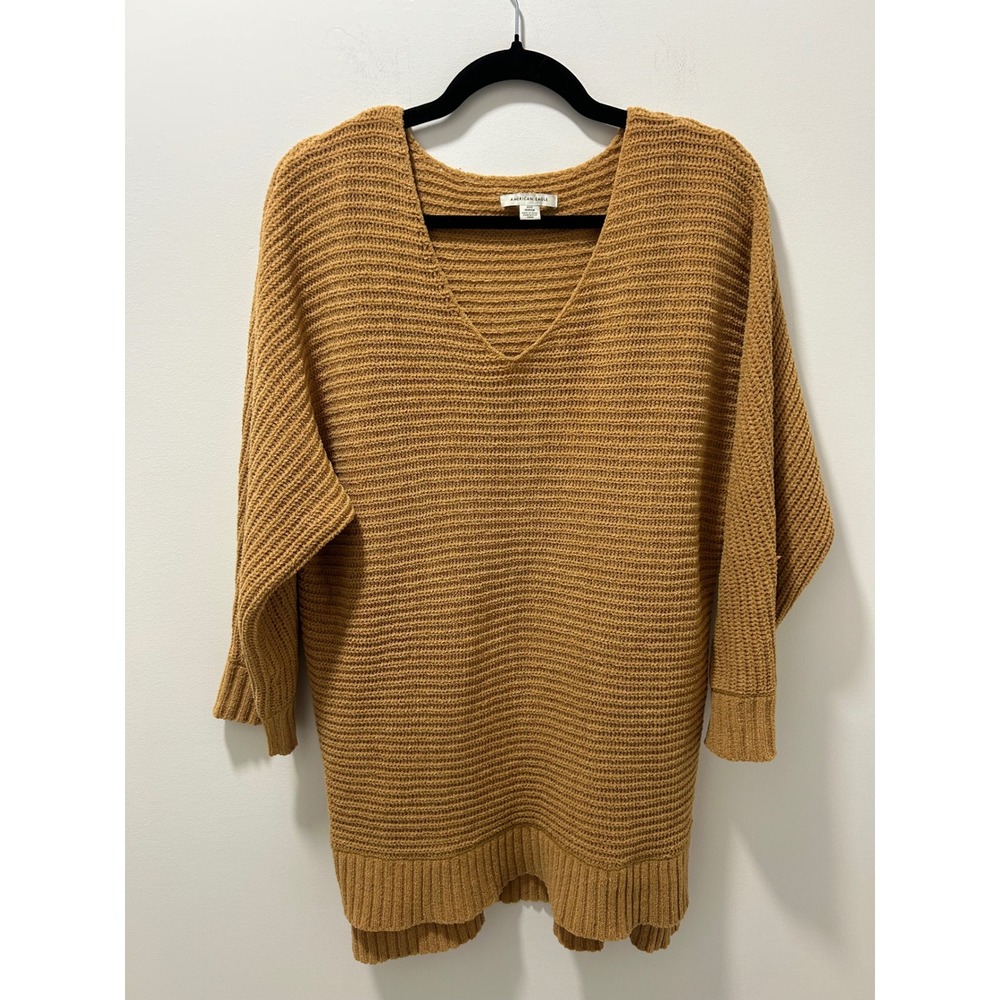 American Eagle Womens XS/S Chenille V-Neck Sweater Camel Brown Oversized Knit